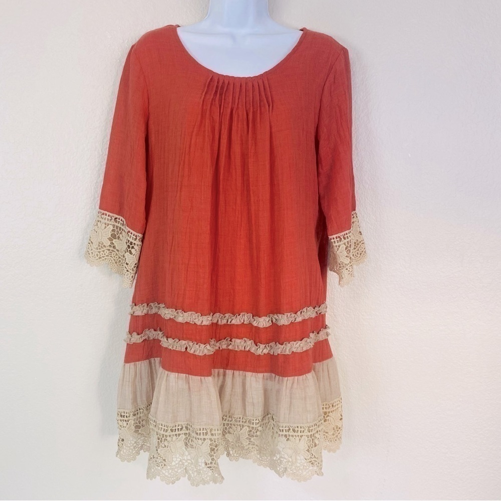 Adorn Crinkle Gauze Baby Doll Dress W/ Butterfly Lace Trim Size S